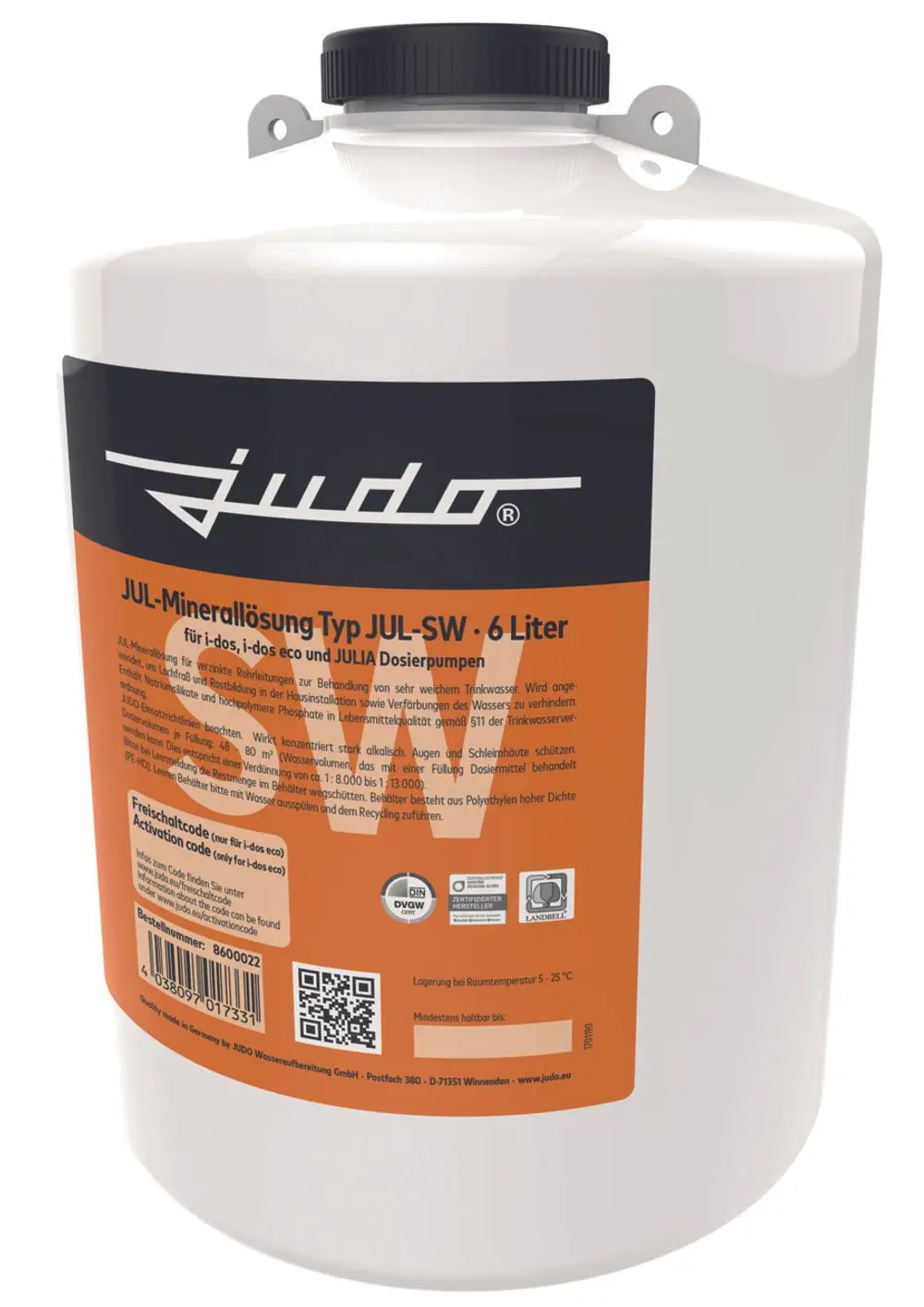 Transparenter Kunststoffbehälter mit schwarzem Deckel, beschriftet mit Produktinformationen und Warnhinweisen zu einer Mineralienlösung von Judo. Verpackungsgröße: 6 Liter.